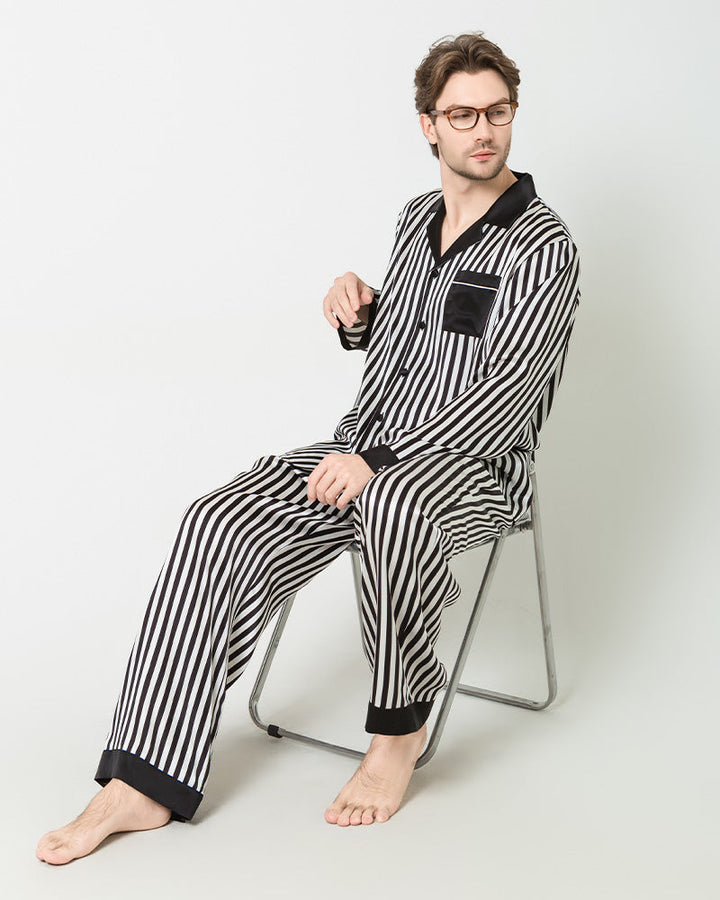 Silk Men's Striped Pajamas Set, Black And White