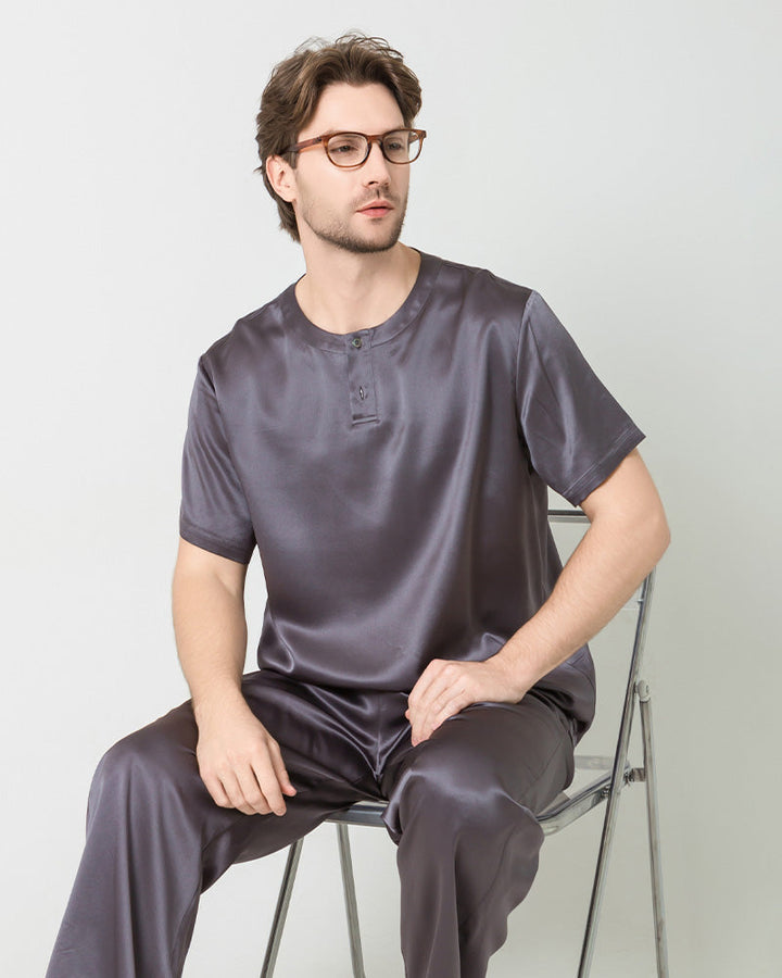 Men's Short Sleeves& Pants Silk Pajamas Set, Grey