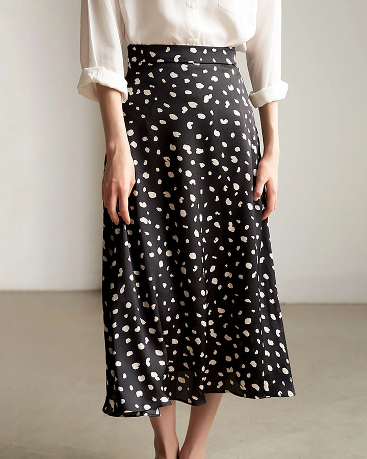 Leopard Print Flared Flowy Silk Maxi Skirt, Black And White