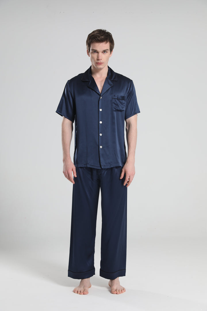 Short Sleeve Silk Pajamas For Men, Navy