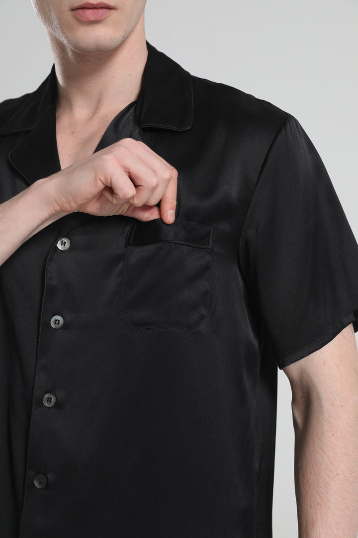 Short Sleeve Silk Pajamas For Men, Black