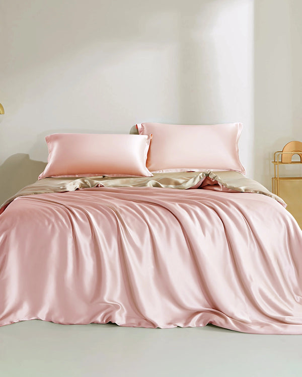 Dual Color Silk Bedding Set 4PCS, Pink, Champagne