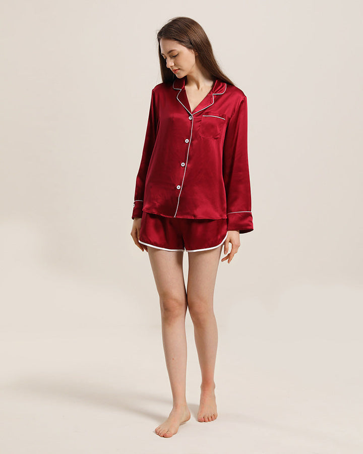 Relax Silk Shirt Shorts Pajamas Set, Red