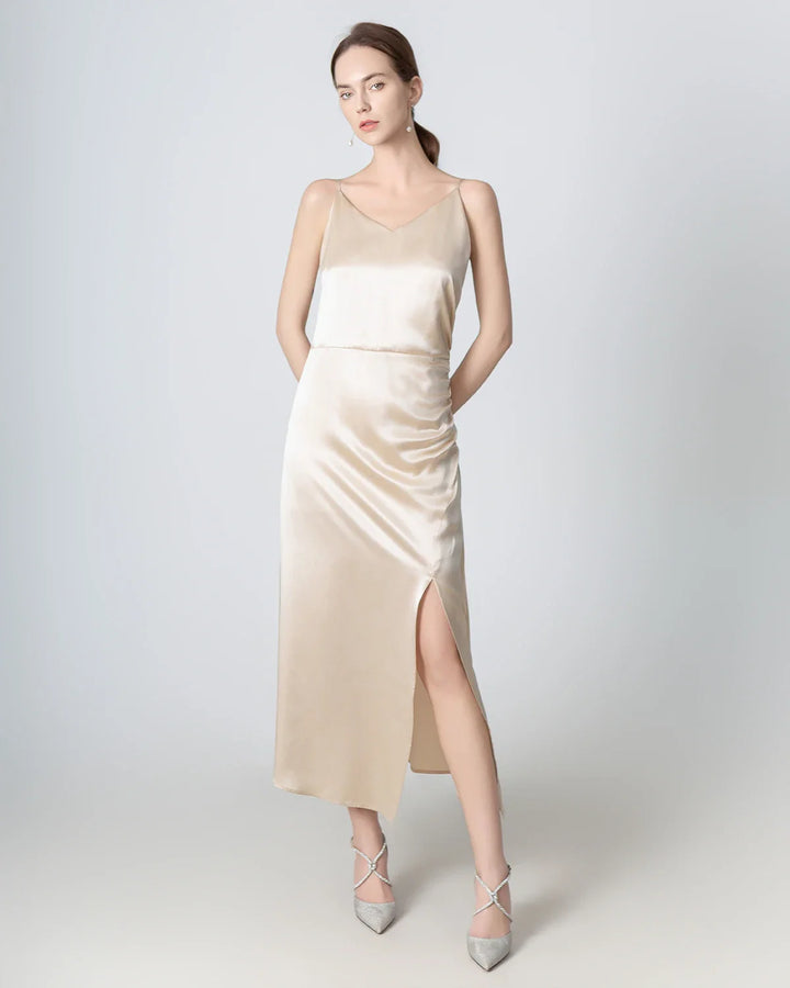 V-neck Pleated Slit Maxi Silk Dress, Champagne