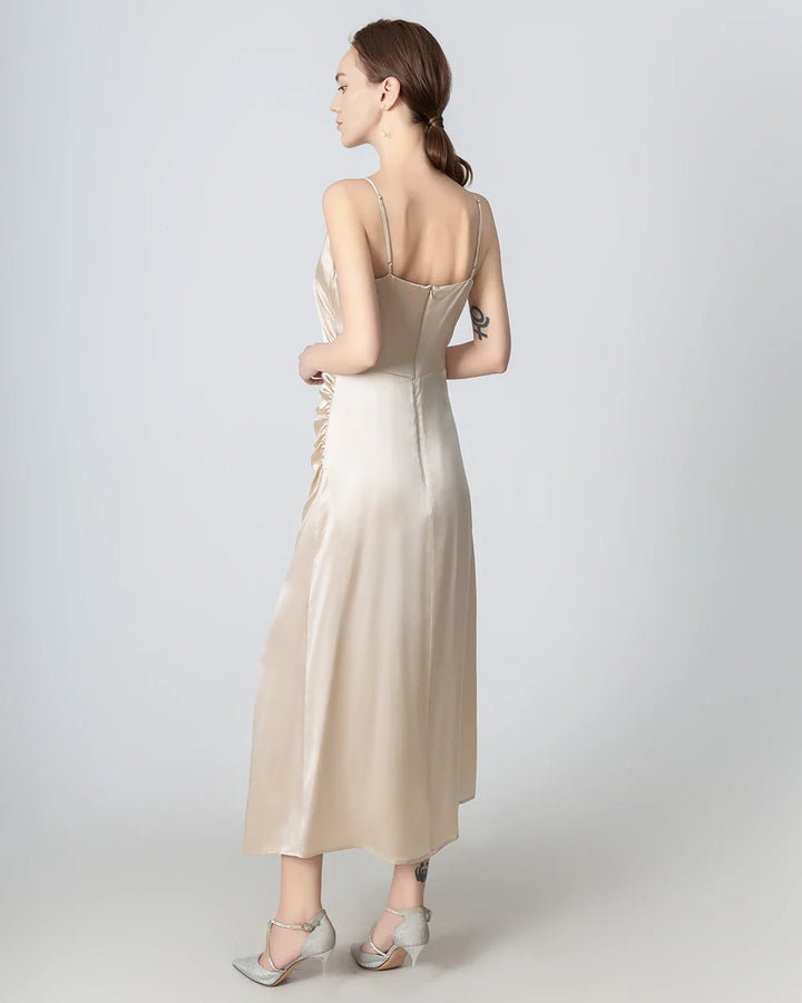 V-neck Pleated Slit Maxi Silk Dress, Champagne