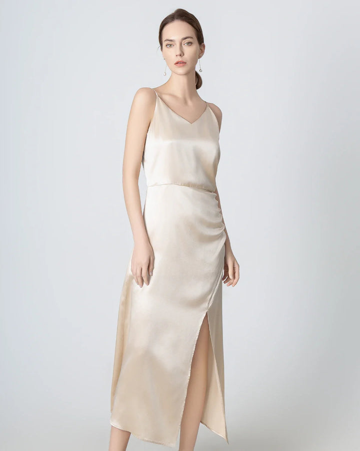 V-neck Pleated Slit Maxi Silk Dress, Champagne