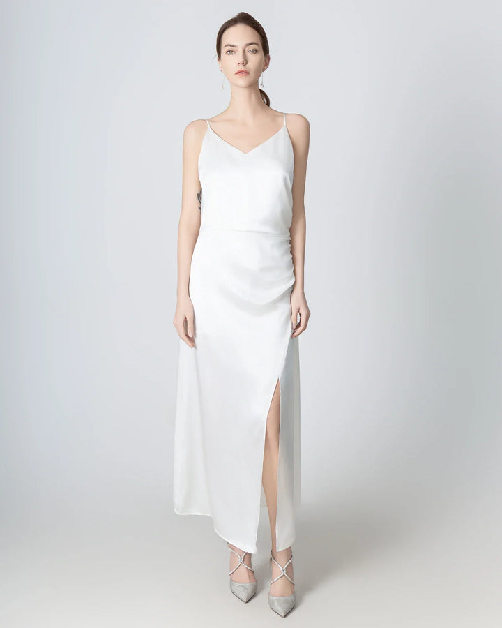 V-neck Pleated Slit Maxi Silk Dress, White