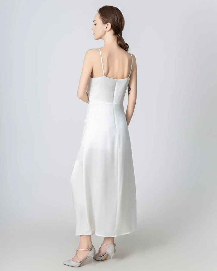 V-neck Pleated Slit Maxi Silk Dress, White