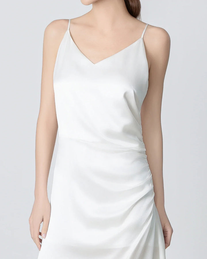 V-neck Pleated Slit Maxi Silk Dress, White