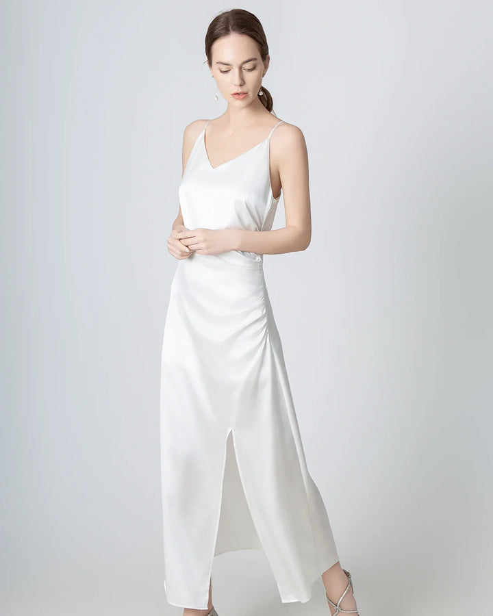 V-neck Pleated Slit Maxi Silk Dress, White