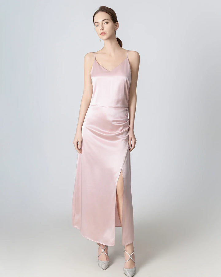 V-neck Pleated Slit Maxi Silk Dress, Pink