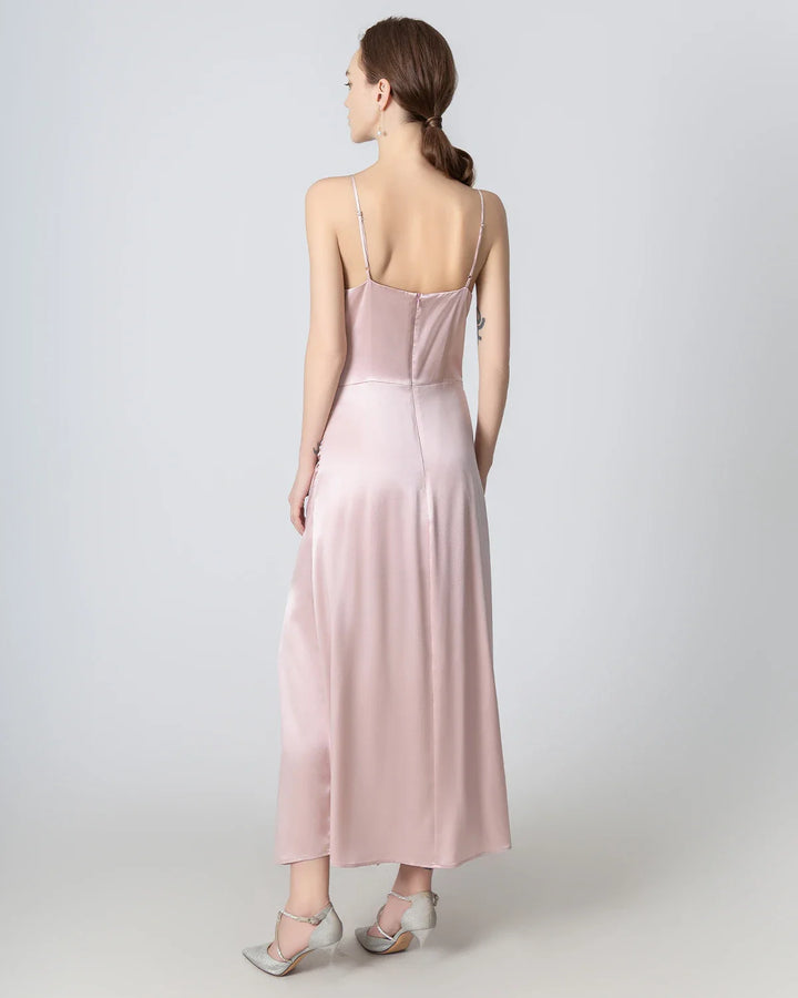 V-neck Pleated Slit Maxi Silk Dress, Pink