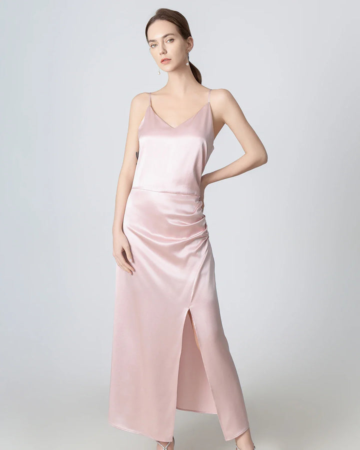 V-neck Pleated Slit Maxi Silk Dress, Pink