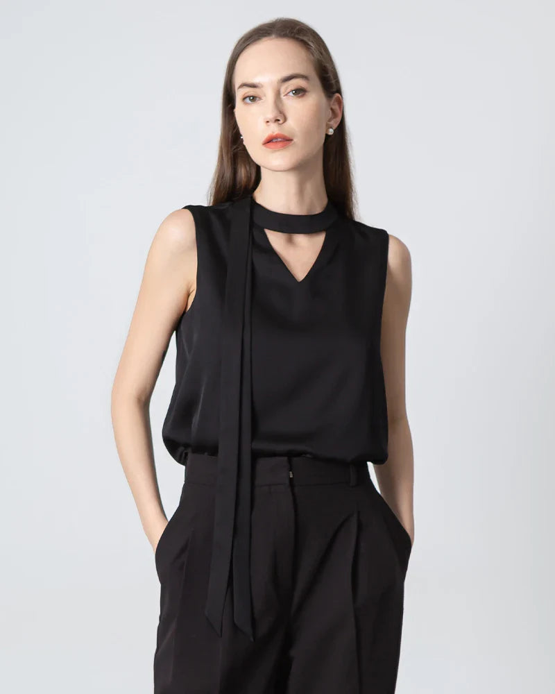 V-neck Tie Front Sleeveless Silk Blouse, Black