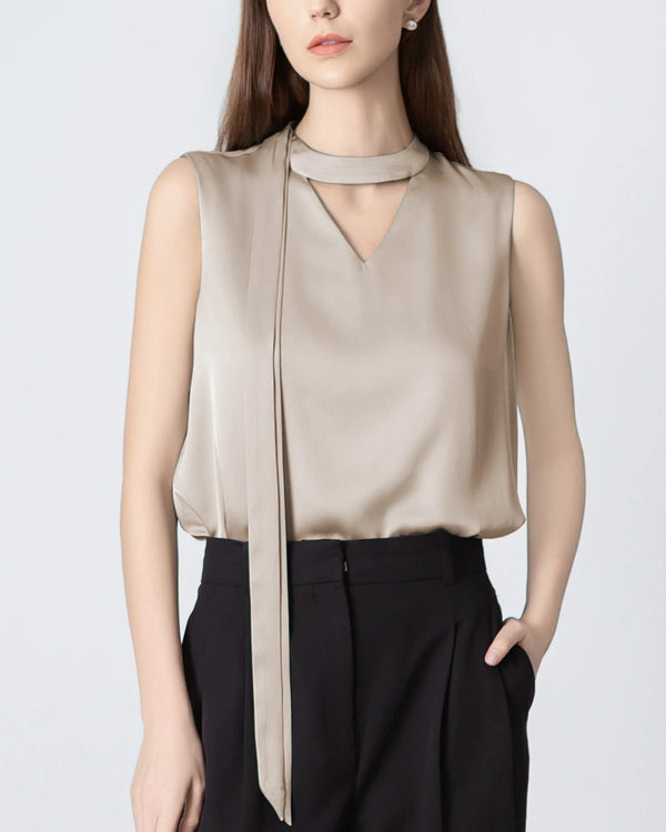 V-neck Tie Front Sleeveless Silk Blouse