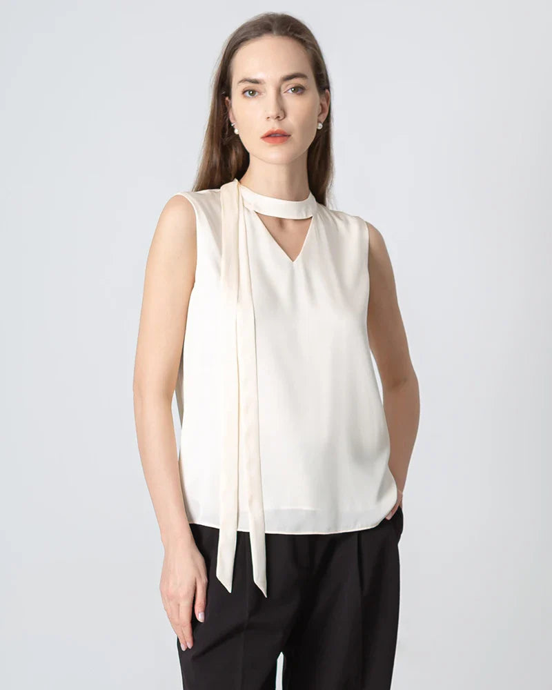 V-neck Tie Front Sleeveless Silk Blouse, Cream