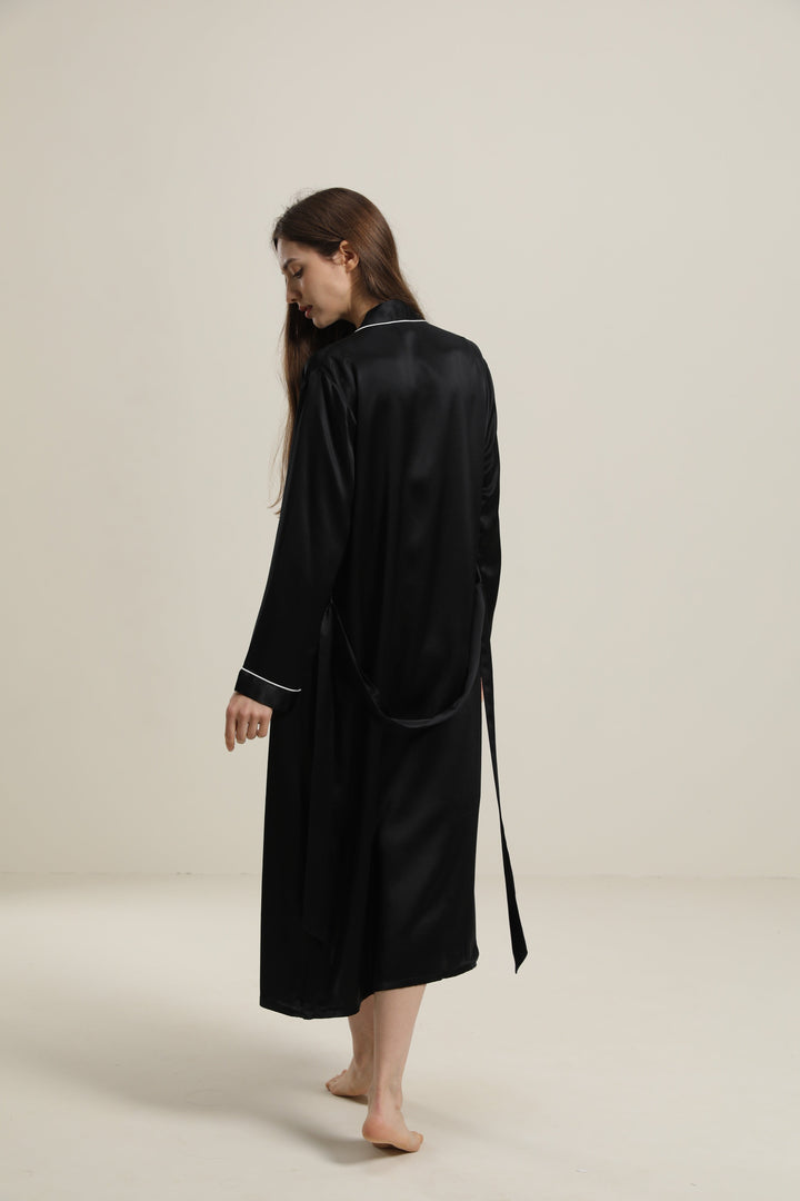 Washable Pure Color Silk Robe For Women, Black
