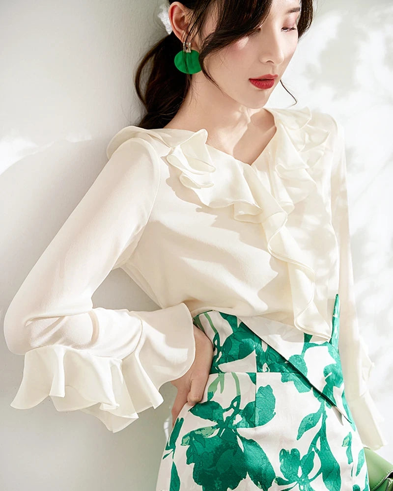 Women’s White Silk Ruffle Blouse | V-Neck Long Sleeve Ruffle Shirt ...