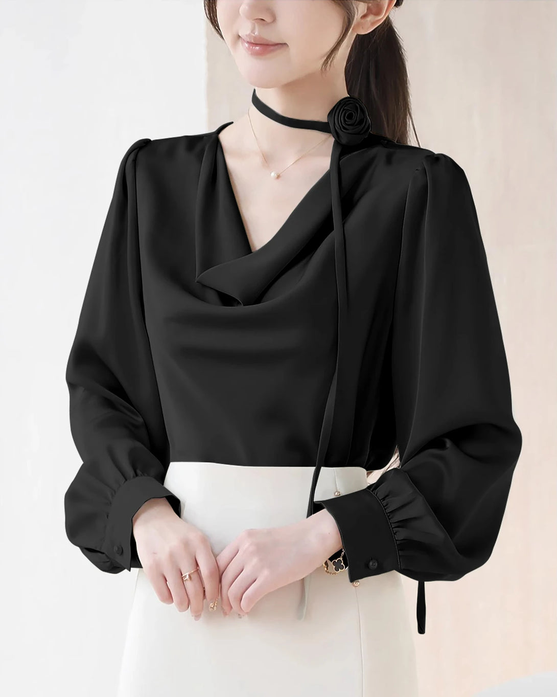Elegant Draped Collar Silk Blouse, Black