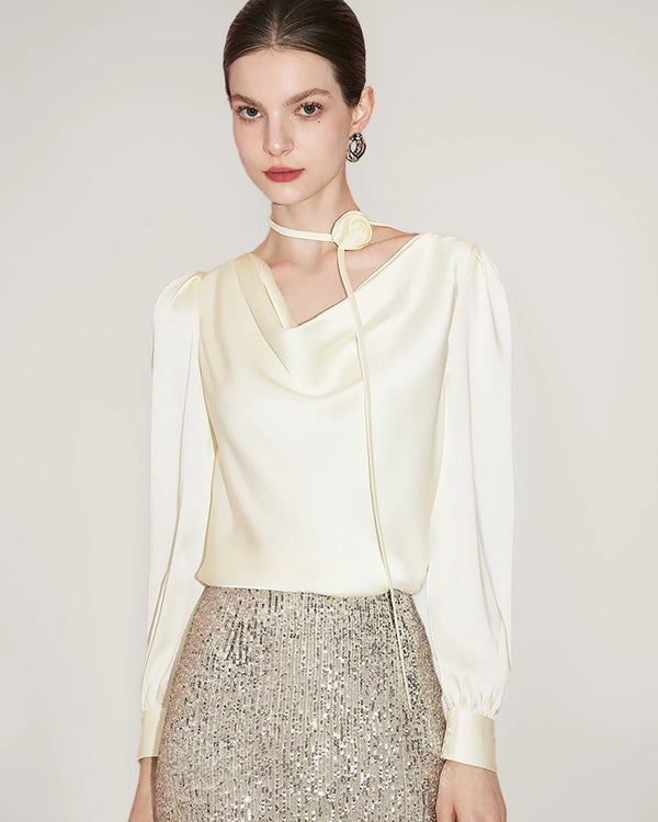 Elegant Draped Collar Silk Blouse, Cream