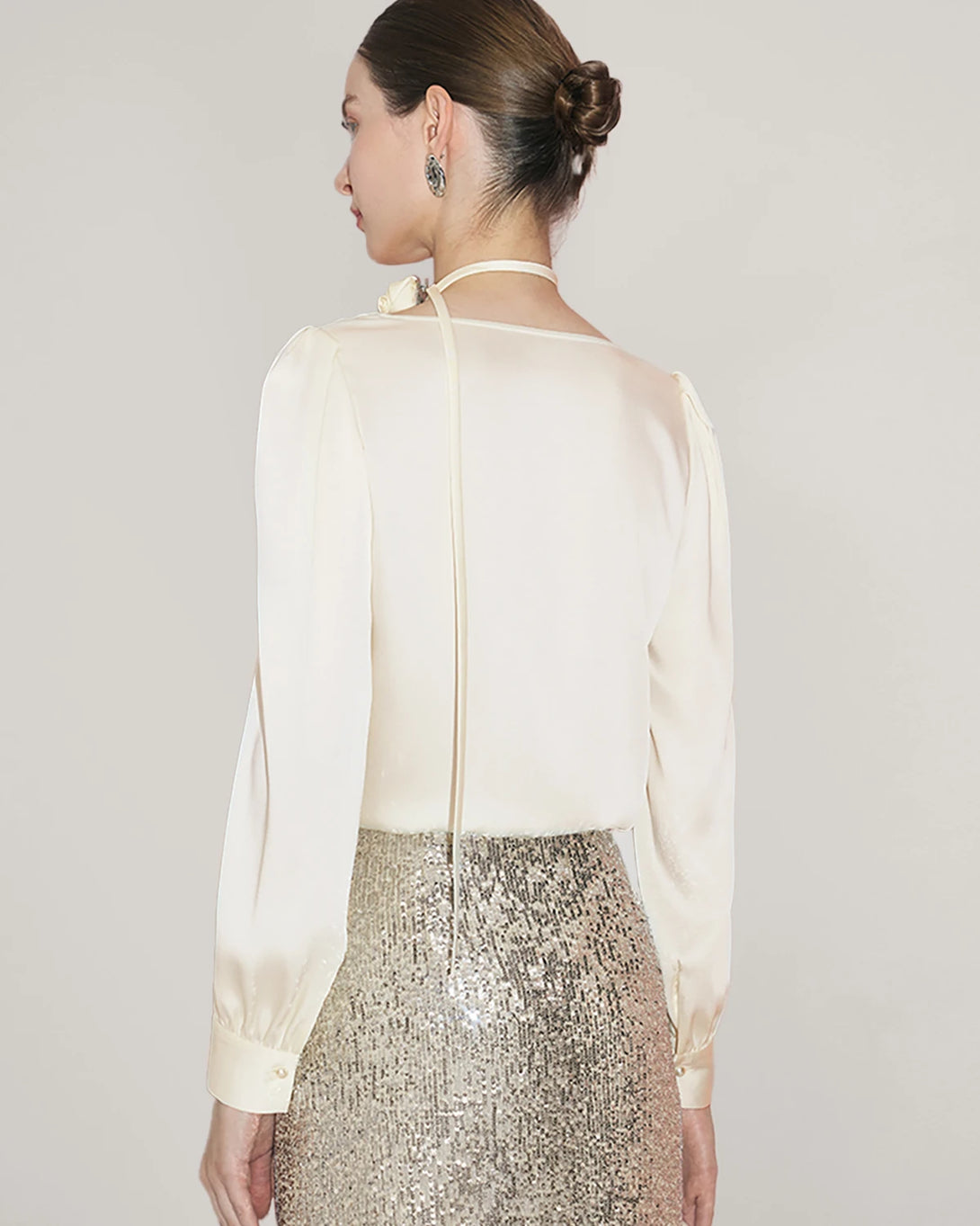 Elegant Draped Collar Silk Blouse, Cream