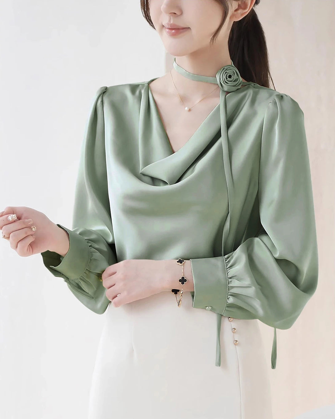 Elegant Draped Collar Silk Blouse, Green