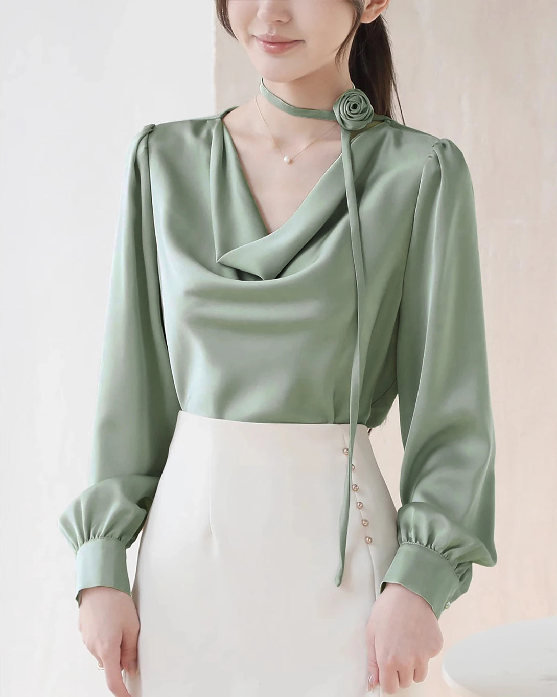 Elegant Draped Collar Silk Blouse, Green