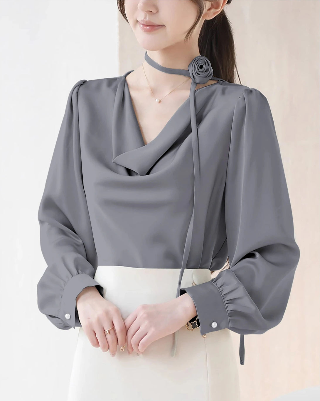 Elegant Draped Collar Silk Blouse, Grey