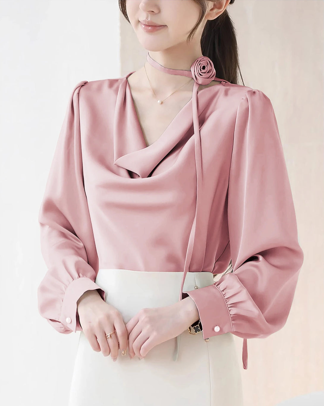 Elegant Draped Collar Silk Blouse, Pink