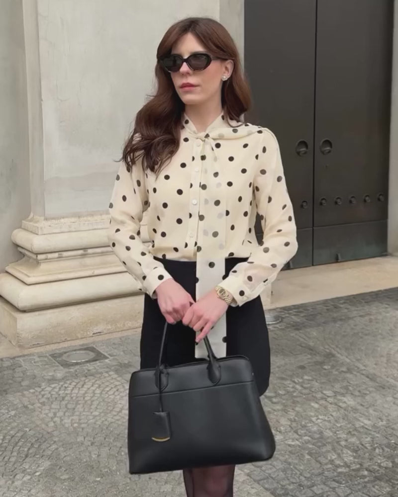 Polka Dot Tie Front Silk Blouse, Cream and Black